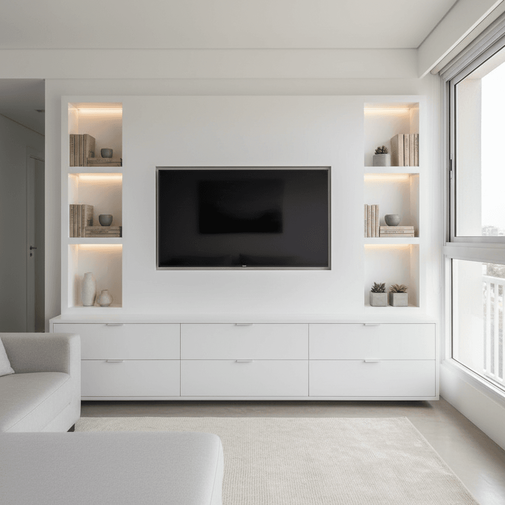 Sala planejada: painel de TV, estante e rack sob medida.