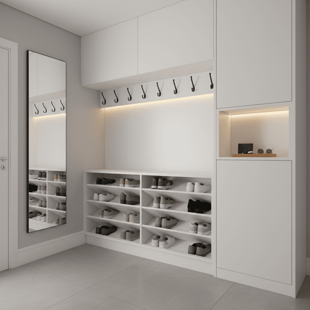 Hall de entrada planejado: sapateira, espelho e organização.